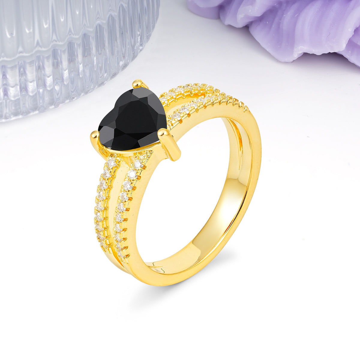Luxurious Double Row Pavé, 3 Prong Heart Cut Black Onyx Engagement Ring - Additional view