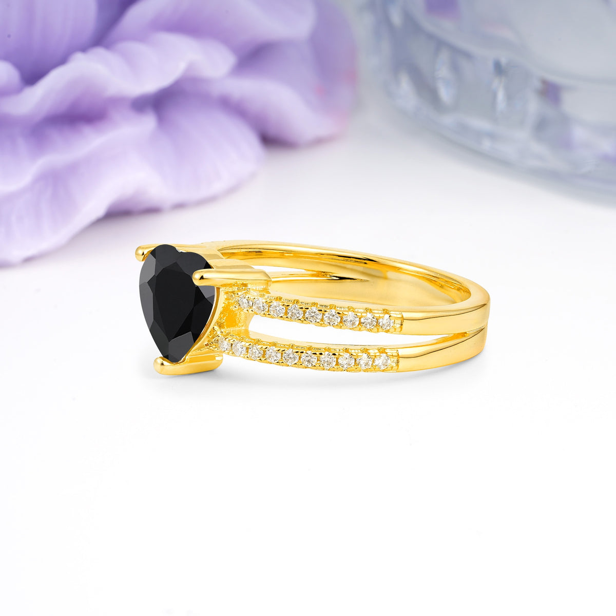 Luxurious Double Row Pavé, 3 Prong Heart Cut Black Onyx Engagement Ring - Additional view