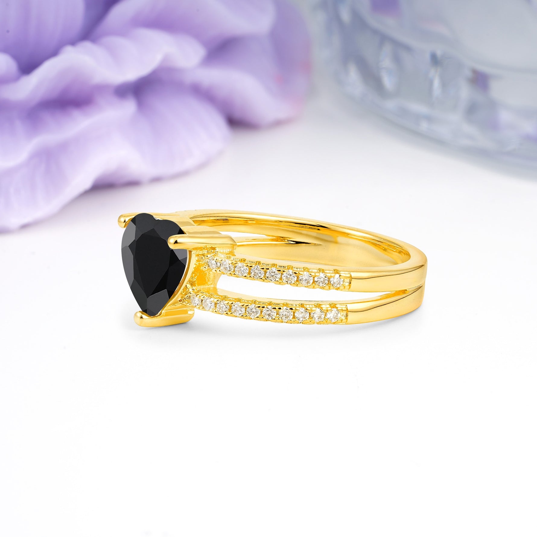 Luxurious Double Row Pavé, 3 Prong Heart Cut Black Onyx Engagement Ring - Additional view