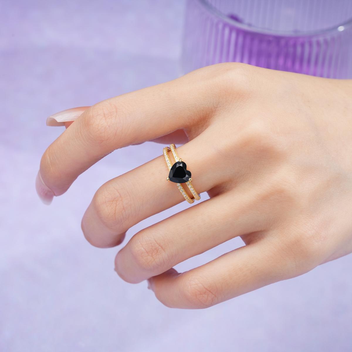 Luxurious Double Row Pavé, 3 Prong Heart Cut Black Onyx Engagement Ring