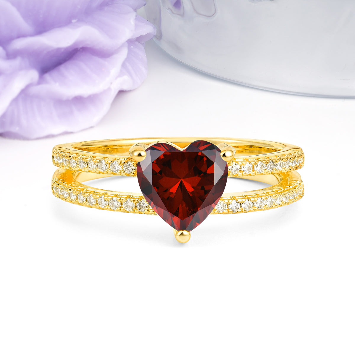 Luxurious Double Row Pavé, 3 Prong Heart Cut Garnet Engagement Ring - Additional view