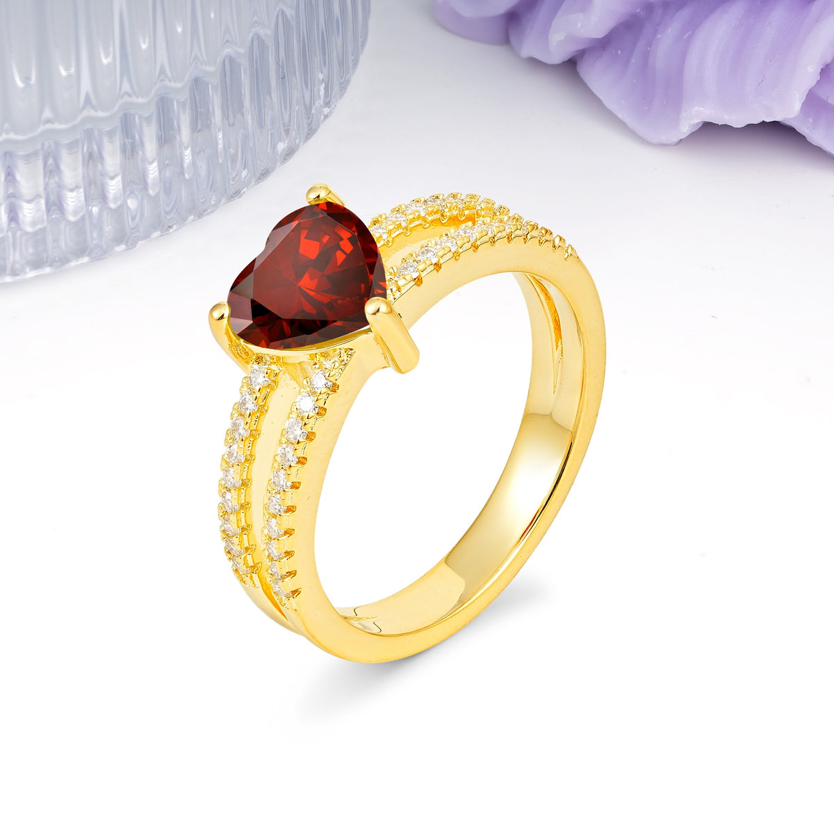 Luxurious Double Row Pavé, 3 Prong Heart Cut Garnet Engagement Ring - Additional view