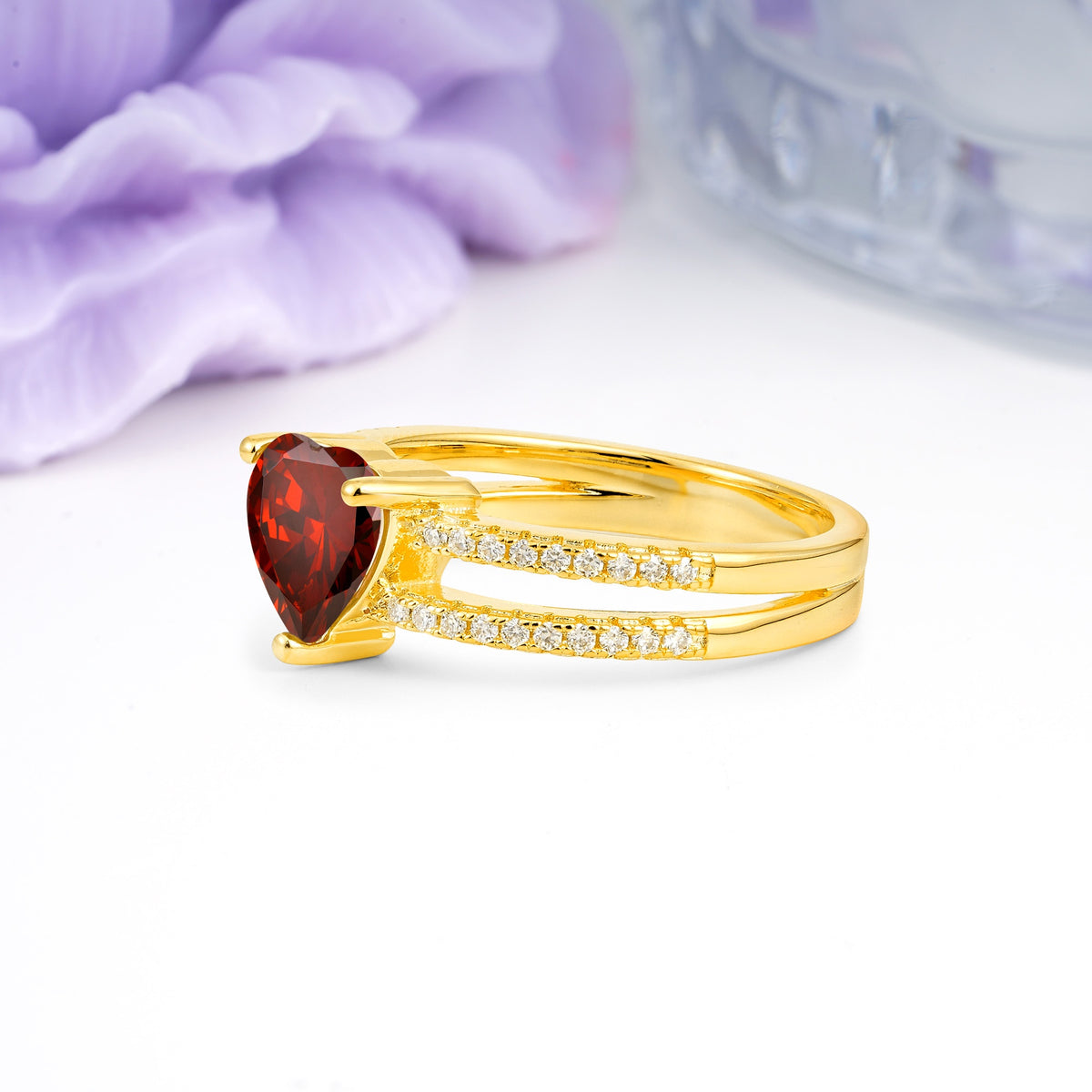 Luxurious Double Row Pavé, 3 Prong Heart Cut Garnet Engagement Ring - Additional view