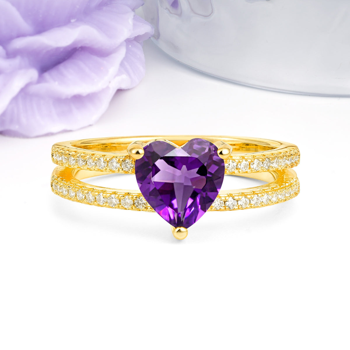 Luxurious Double Row Pavé, 3 Prong Heart Cut Amethyst Engagement Ring - Additional view