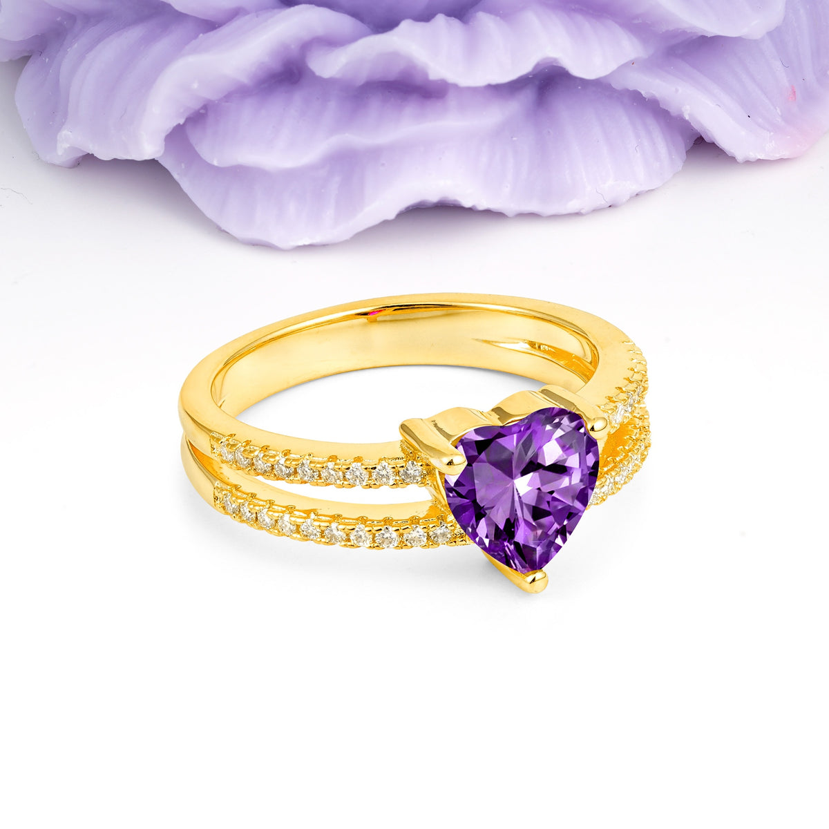 Luxurious Double Row Pavé, 3 Prong Heart Cut Amethyst Engagement Ring - Additional view