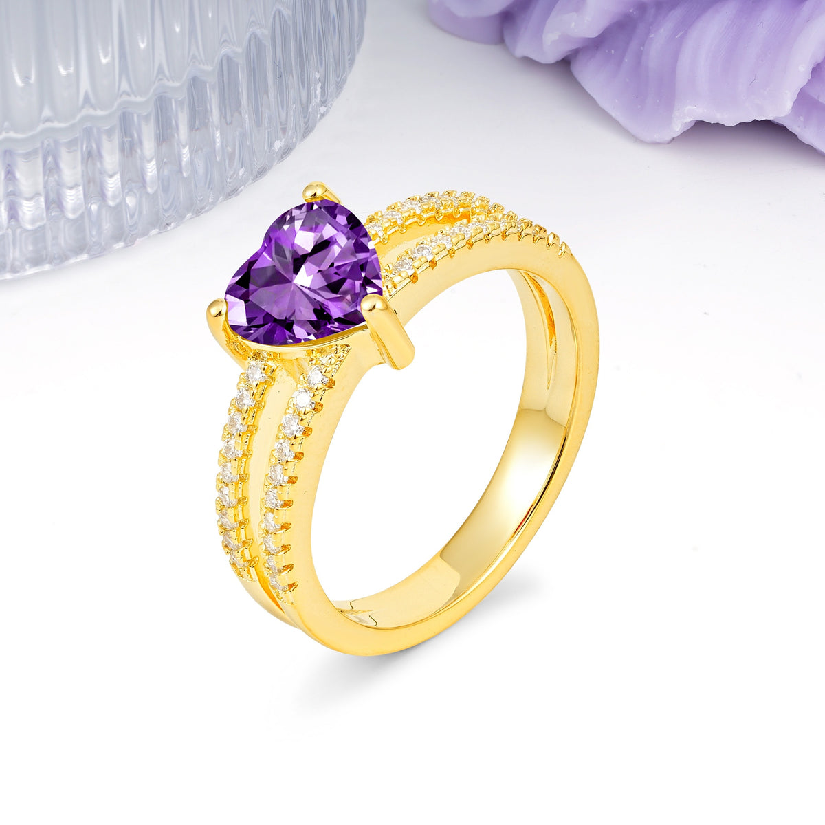 Luxurious Double Row Pavé, 3 Prong Heart Cut Amethyst Engagement Ring - Additional view