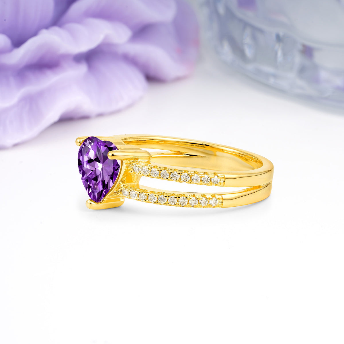 Luxurious Double Row Pavé, 3 Prong Heart Cut Amethyst Engagement Ring - Additional view