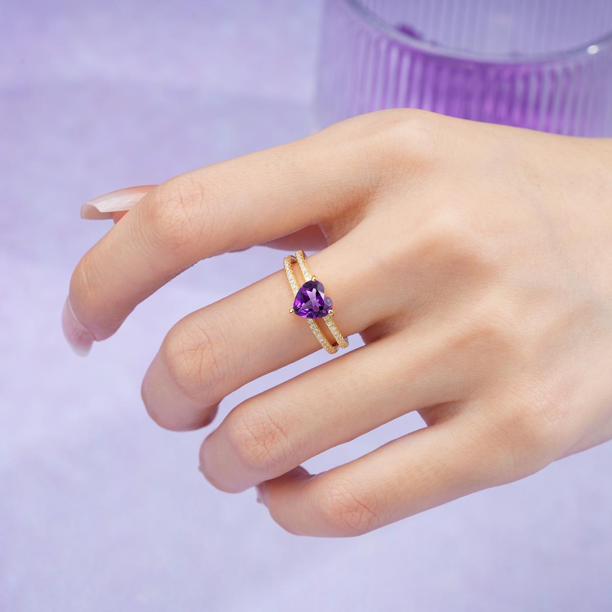 Luxurious Double Row Pavé, 3 Prong Heart Cut Amethyst Engagement Ring