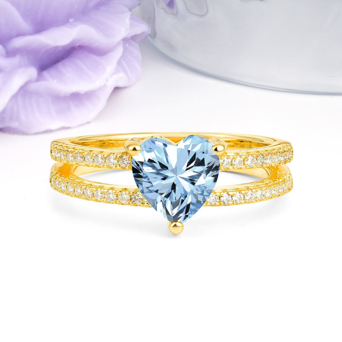Luxurious Double Row Pavé, 3 Prong Heart Cut Aquamarine Engagement Ring - Additional view