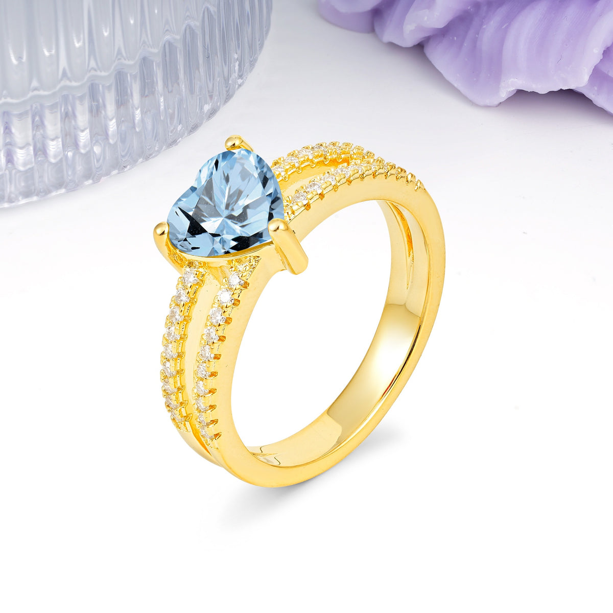 Luxurious Double Row Pavé, 3 Prong Heart Cut Aquamarine Engagement Ring - Additional view