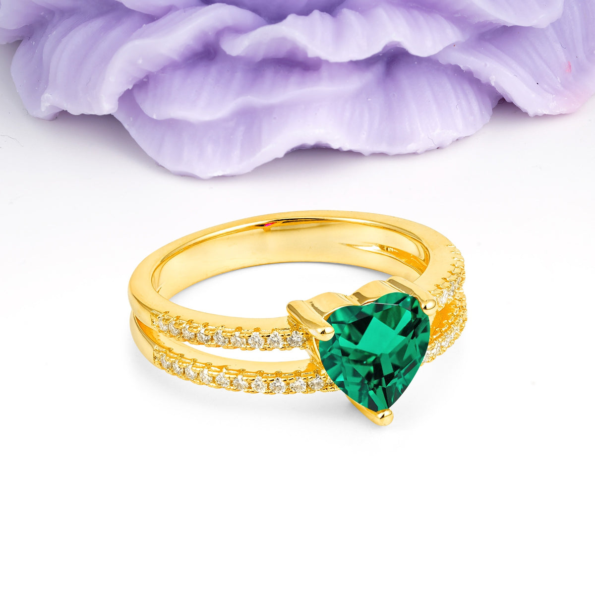 Luxurious Double Row Pavé, 3 Prong Heart Cut Emerald Engagement Ring - Additional view