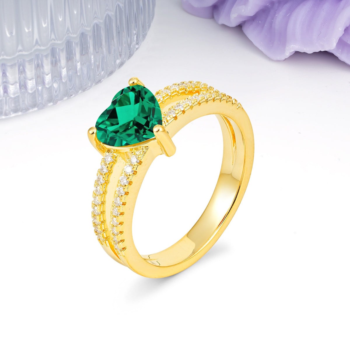 Luxurious Double Row Pavé, 3 Prong Heart Cut Emerald Engagement Ring - Additional view