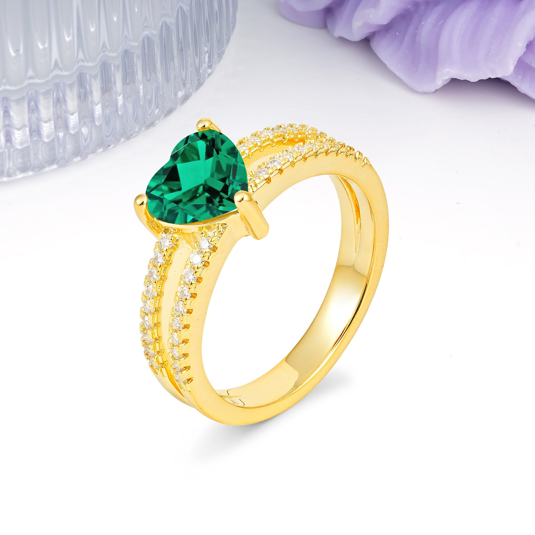 Luxurious Double Row Pavé, 3 Prong Heart Cut Emerald Engagement Ring - Additional view