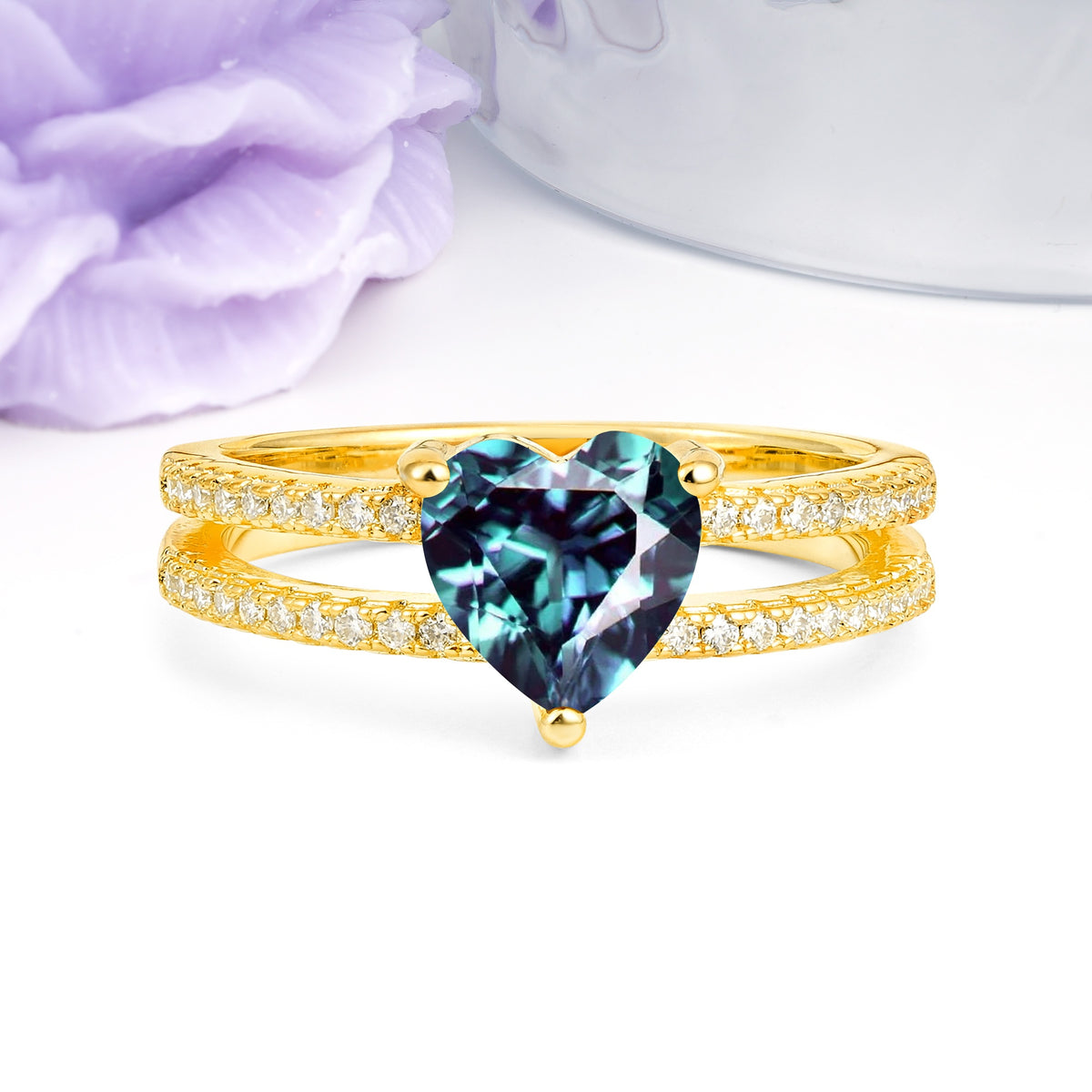 Luxurious Double Row Pavé, 3 Prong Heart Cut Alexandrite Engagement Ring - Additional view