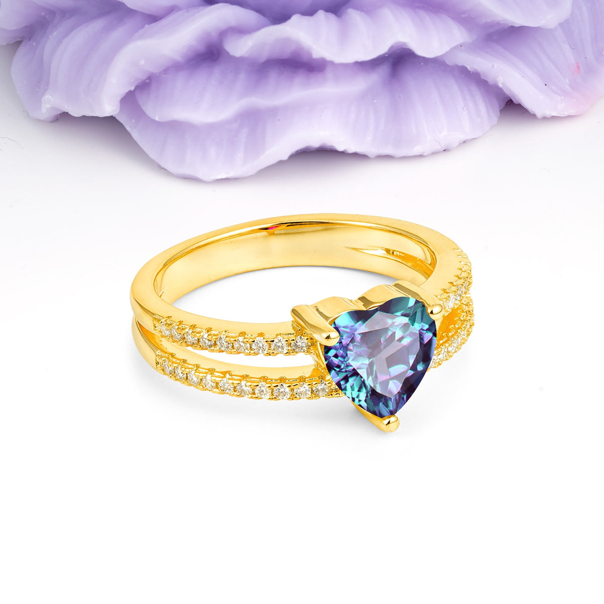 Luxurious Double Row Pavé, 3 Prong Heart Cut Alexandrite Engagement Ring - Additional view
