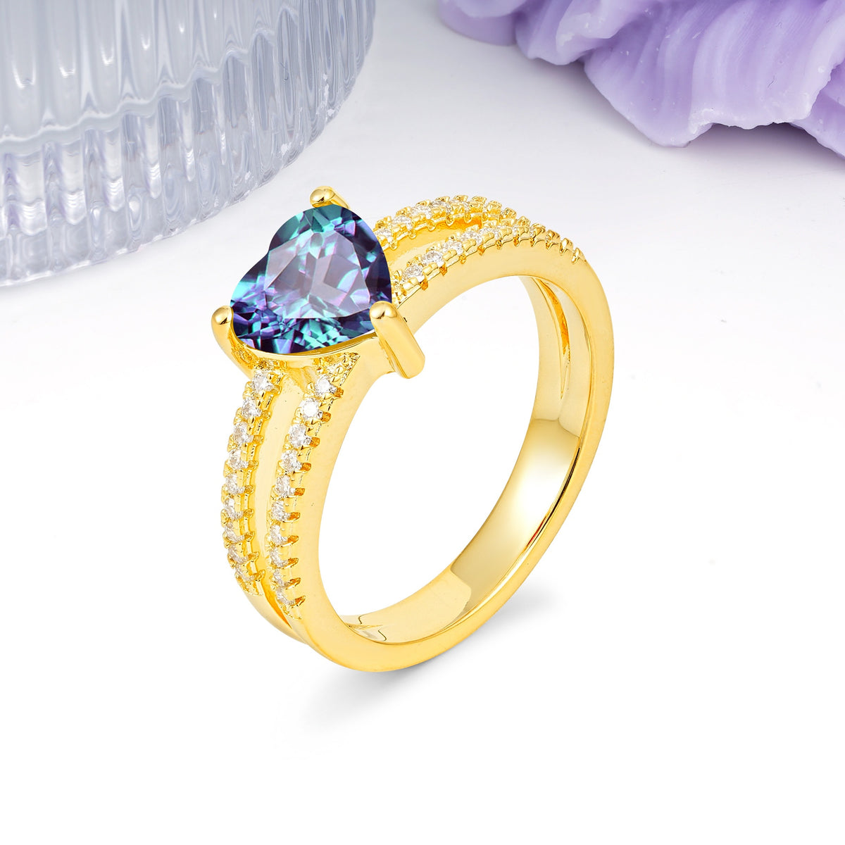Luxurious Double Row Pavé, 3 Prong Heart Cut Alexandrite Engagement Ring - Additional view