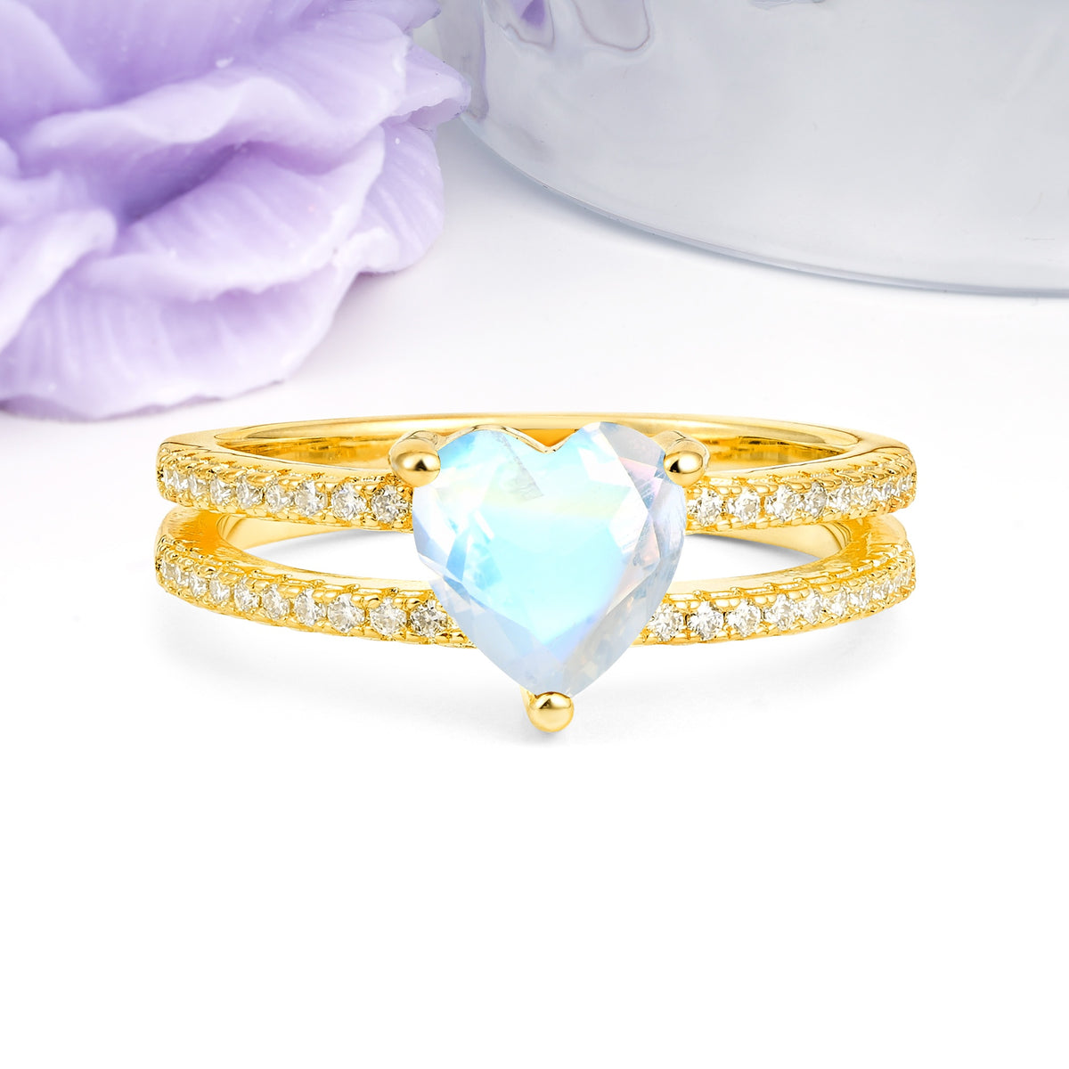 Luxurious Double Row Pavé, 3 Prong Heart Cut Moonstone Engagement Ring - Additional view