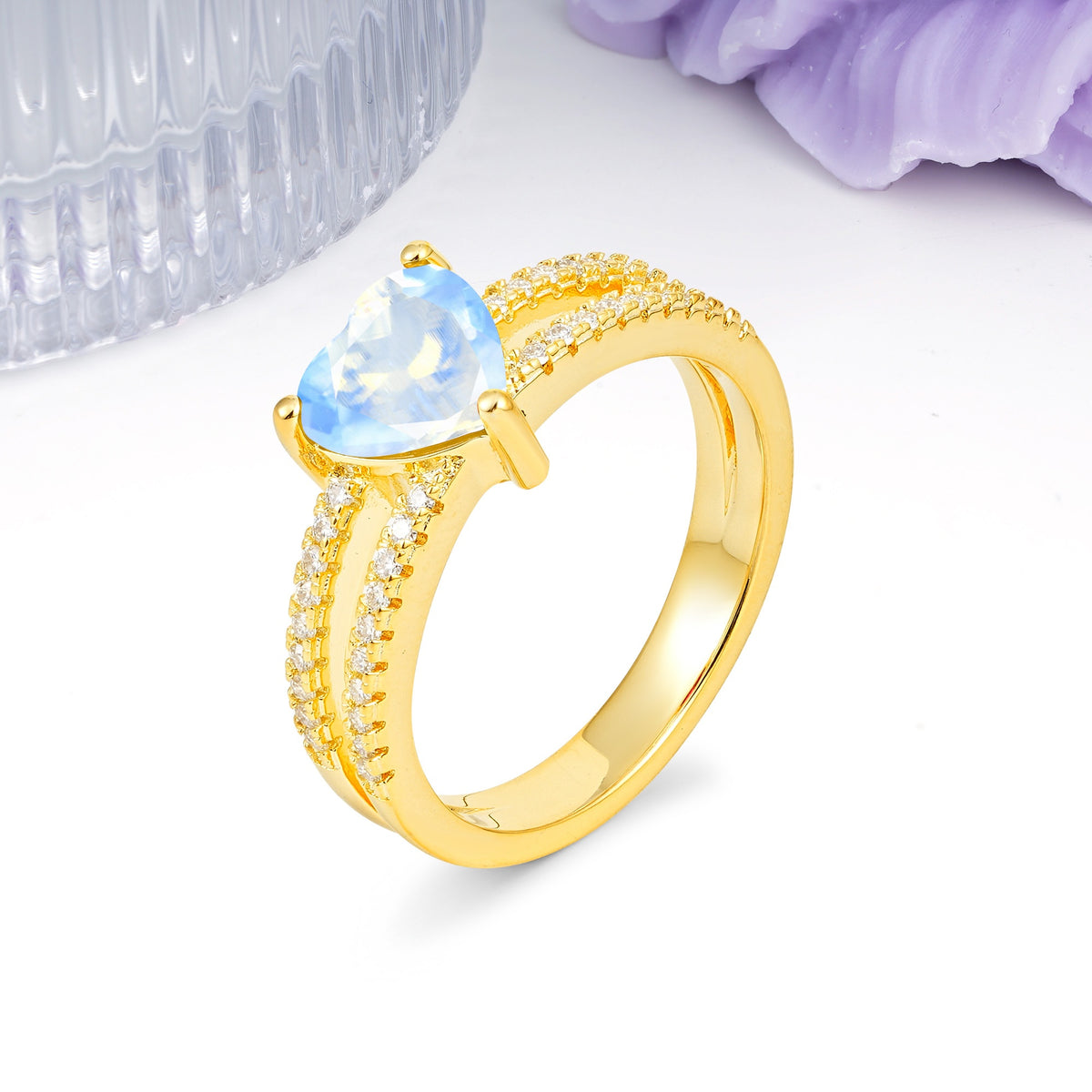 Luxurious Double Row Pavé, 3 Prong Heart Cut Moonstone Engagement Ring - Additional view