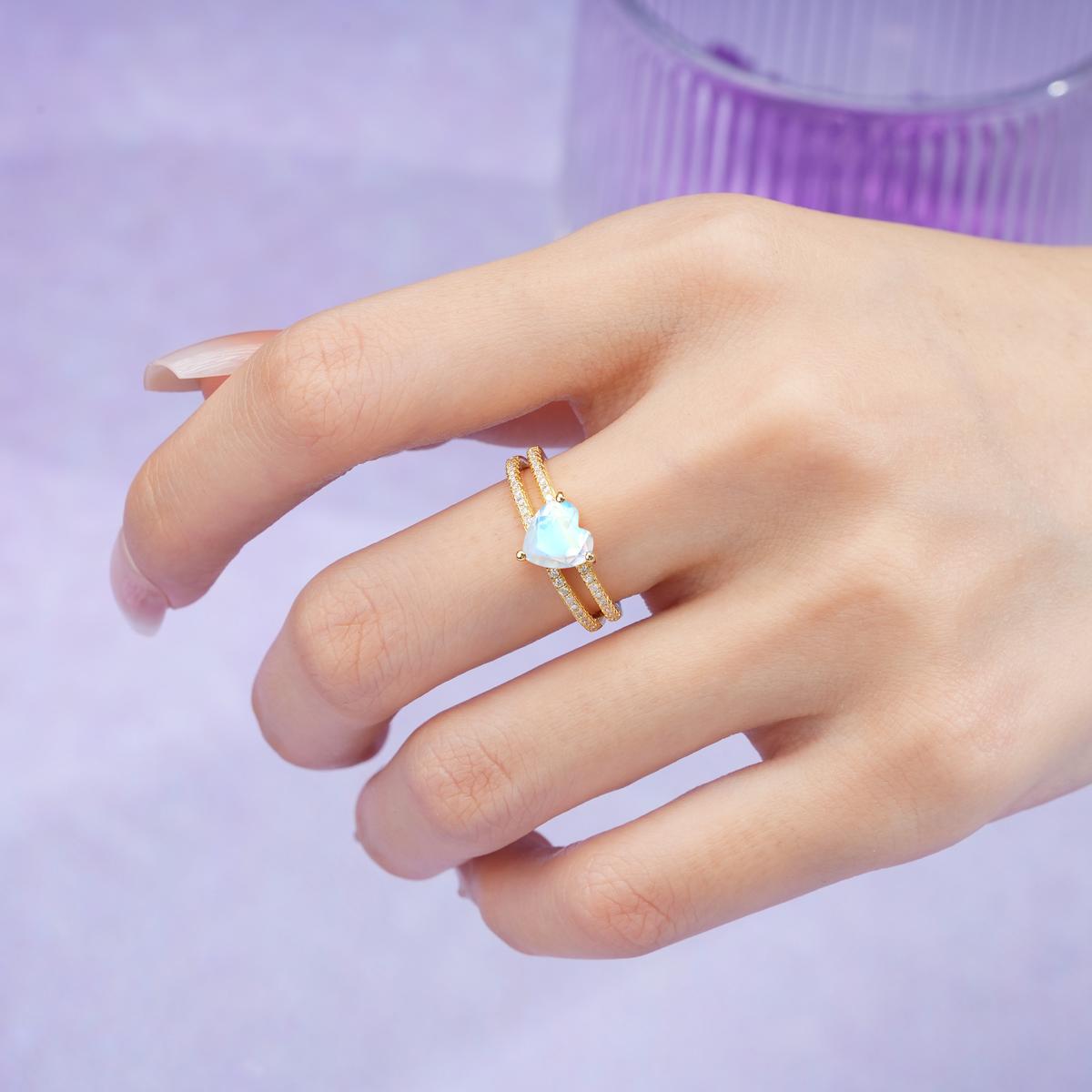 Luxurious Double Row Pavé, 3 Prong Heart Cut Moonstone Engagement Ring