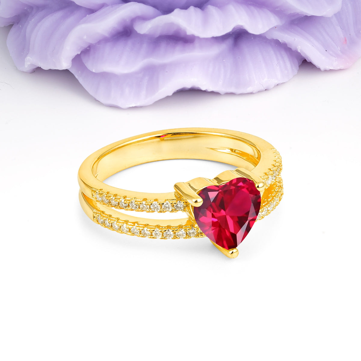 Luxurious Double Row Pavé, 3 Prong Heart Cut Ruby Engagement Ring - Additional view