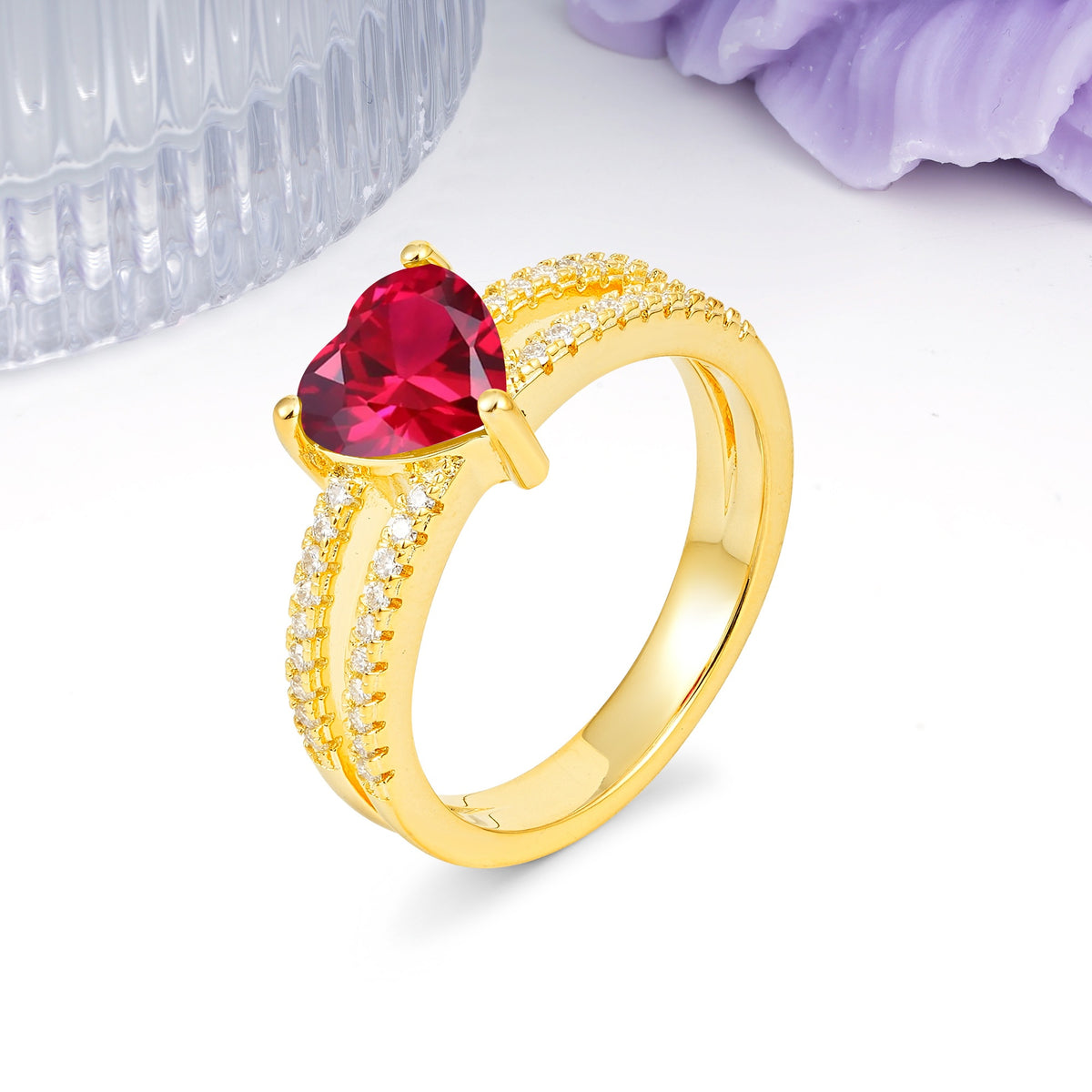 Luxurious Double Row Pavé, 3 Prong Heart Cut Ruby Engagement Ring - Additional view