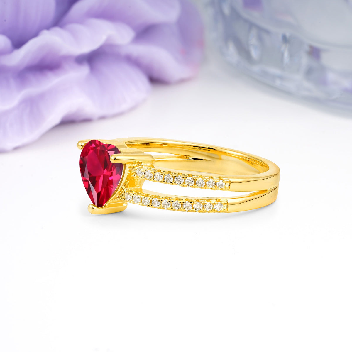 Luxurious Double Row Pavé, 3 Prong Heart Cut Ruby Engagement Ring - Additional view