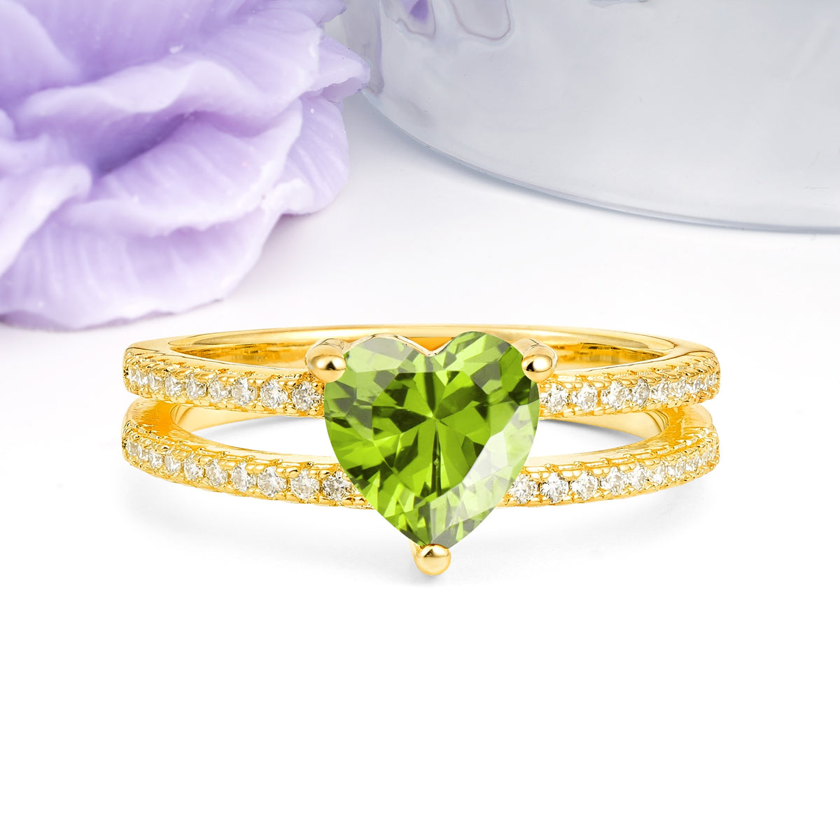 Luxurious Double Row Pavé, 3 Prong Heart Cut Peridot Engagement Ring - Additional view