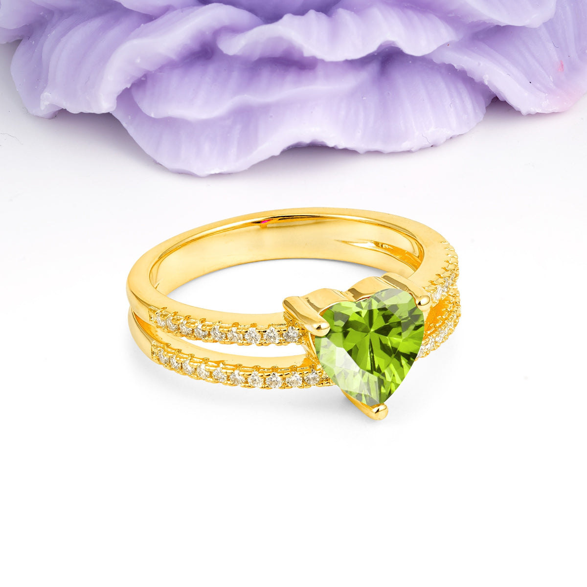 Luxurious Double Row Pavé, 3 Prong Heart Cut Peridot Engagement Ring - Additional view