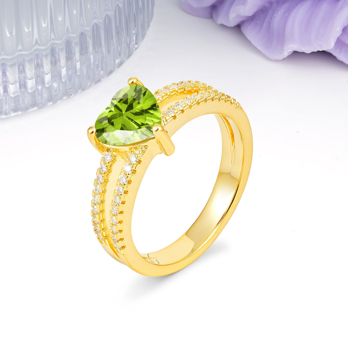 Luxurious Double Row Pavé, 3 Prong Heart Cut Peridot Engagement Ring - Additional view
