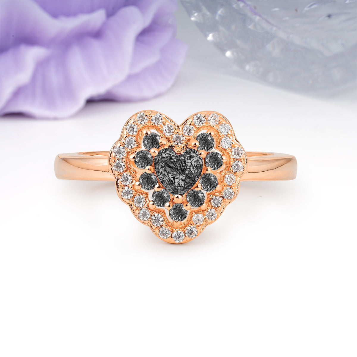 Luxurious and Unique 3 Prong Heart Cut Black Rutilated Quartz Engagement Ring - Additional view