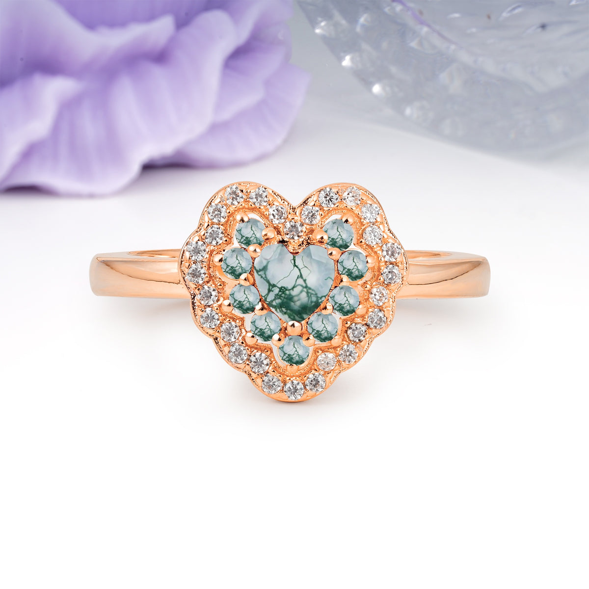 Luxurious and Unique 3 Prong Heart Cut Moss Agate Engagement Ring - Additional view