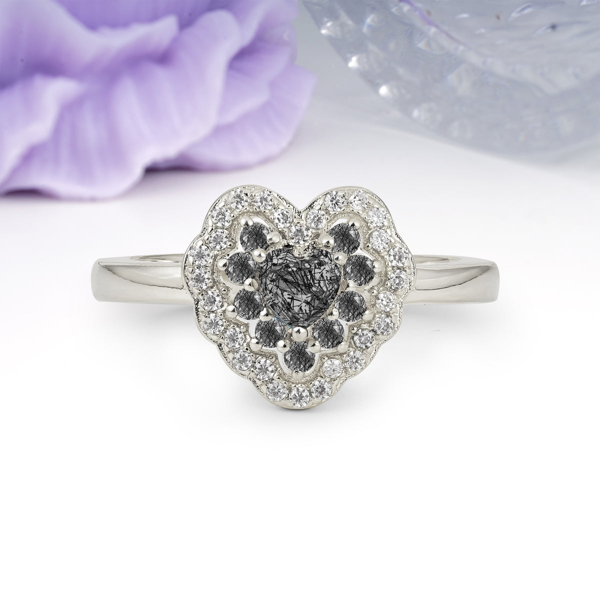 Luxurious and Unique 3 Prong Heart Cut Black Rutilated Quartz Engagement Ring - Additional view