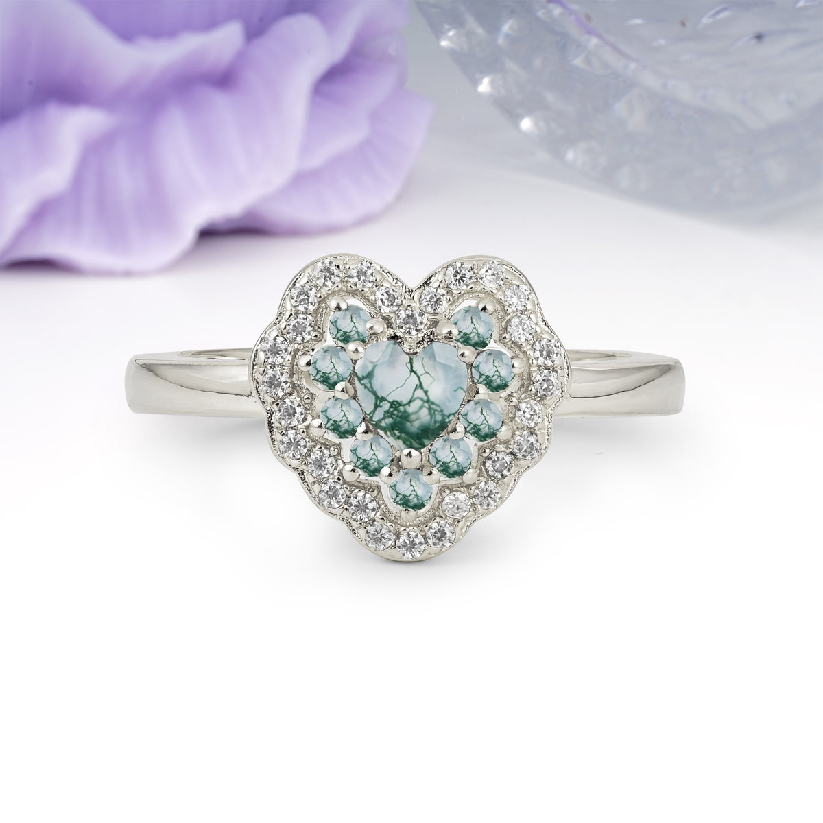 Luxurious and Unique 3 Prong Heart Cut Moss Agate Engagement Ring - Additional view