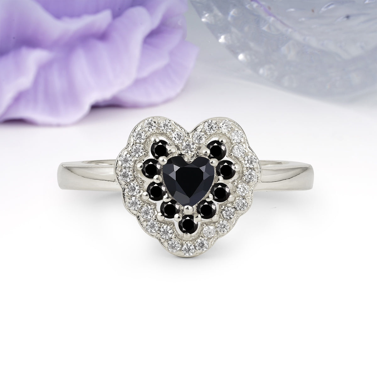 Luxurious and Unique 3 Prong Heart Cut Black Onyx Engagement Ring - Additional view