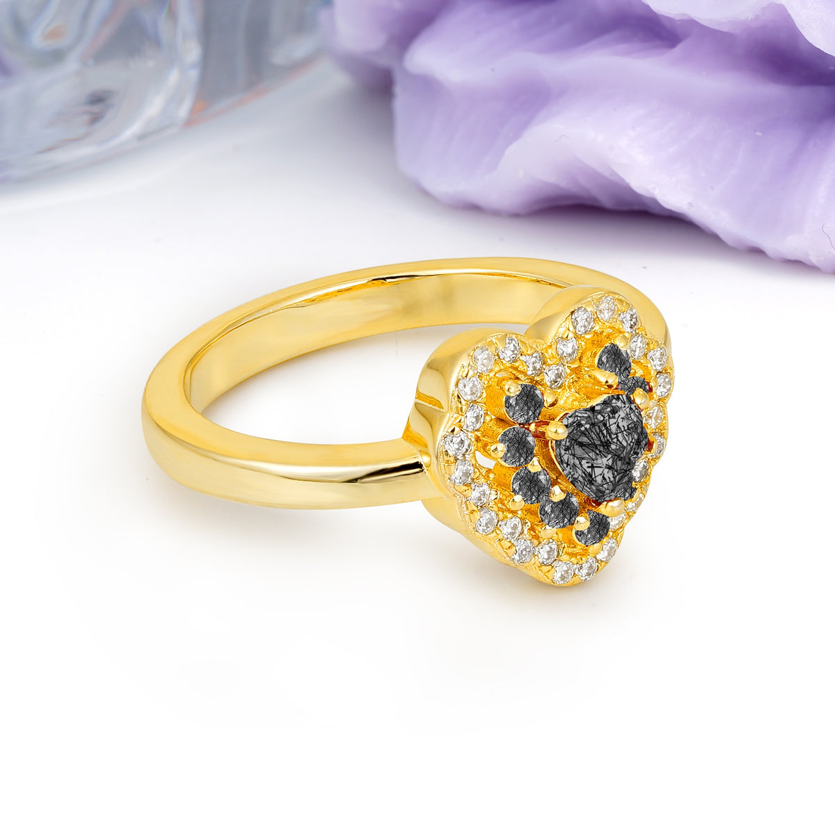 Luxurious and Unique 3 Prong Heart Cut Black Rutilated Quartz Engagement Ring - Additional view