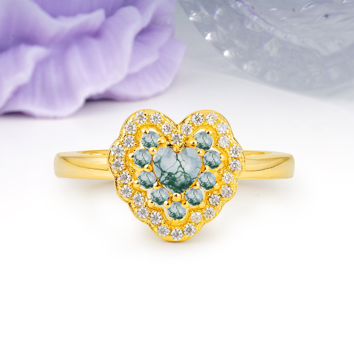 Luxurious and Unique 3 Prong Heart Cut Moss Agate Engagement Ring - Additional view