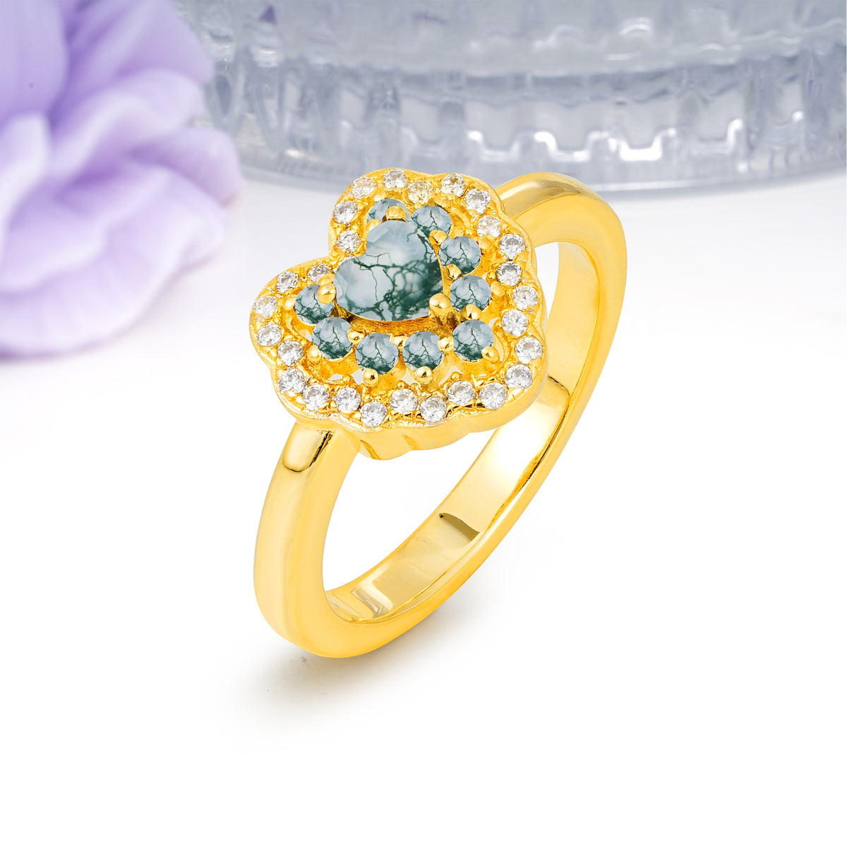 Luxurious and Unique 3 Prong Heart Cut Moss Agate Engagement Ring - Additional view