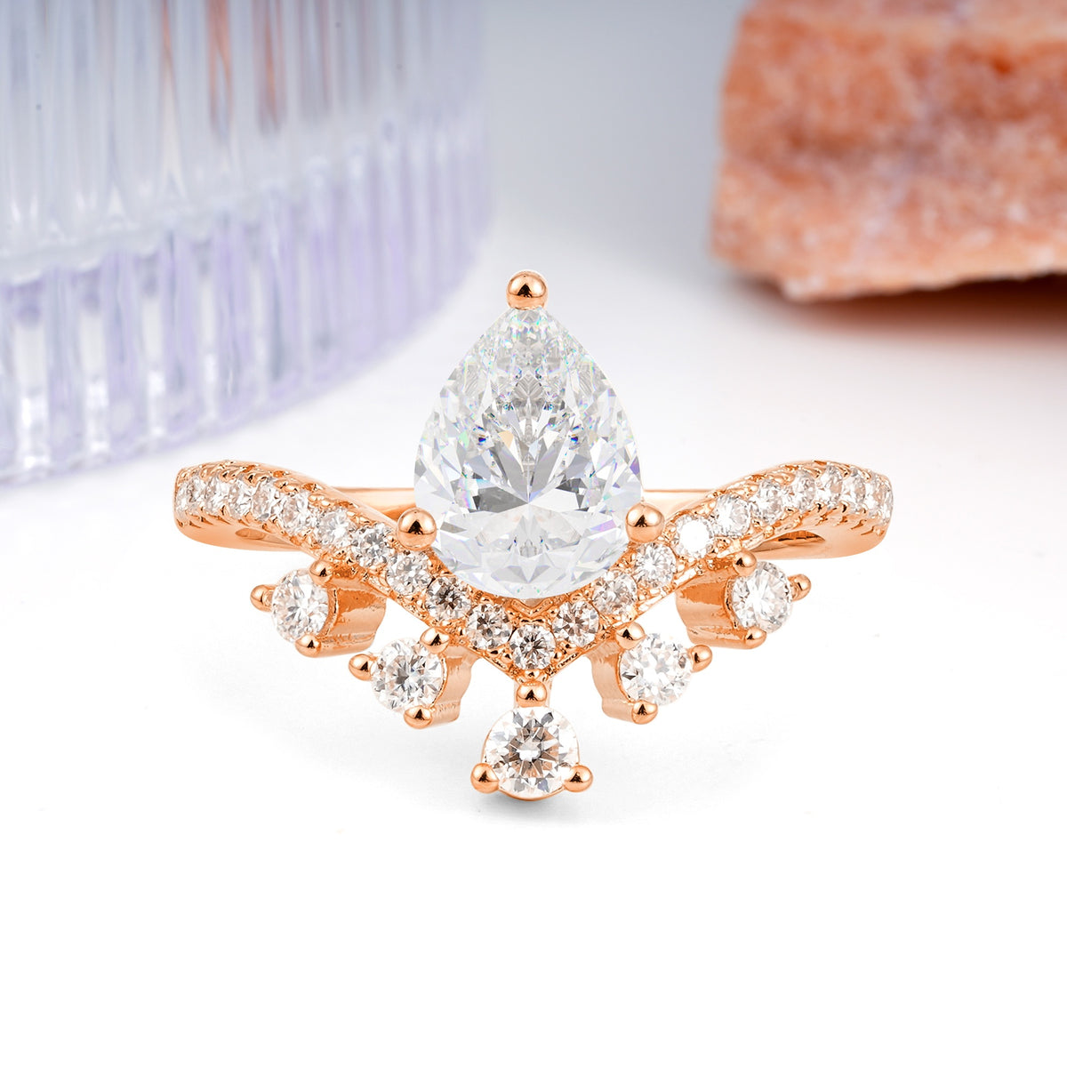 Luxurious and Unique Crown Style 3 Prong Pear Cut Moissanite Engagement Ring - Additional view