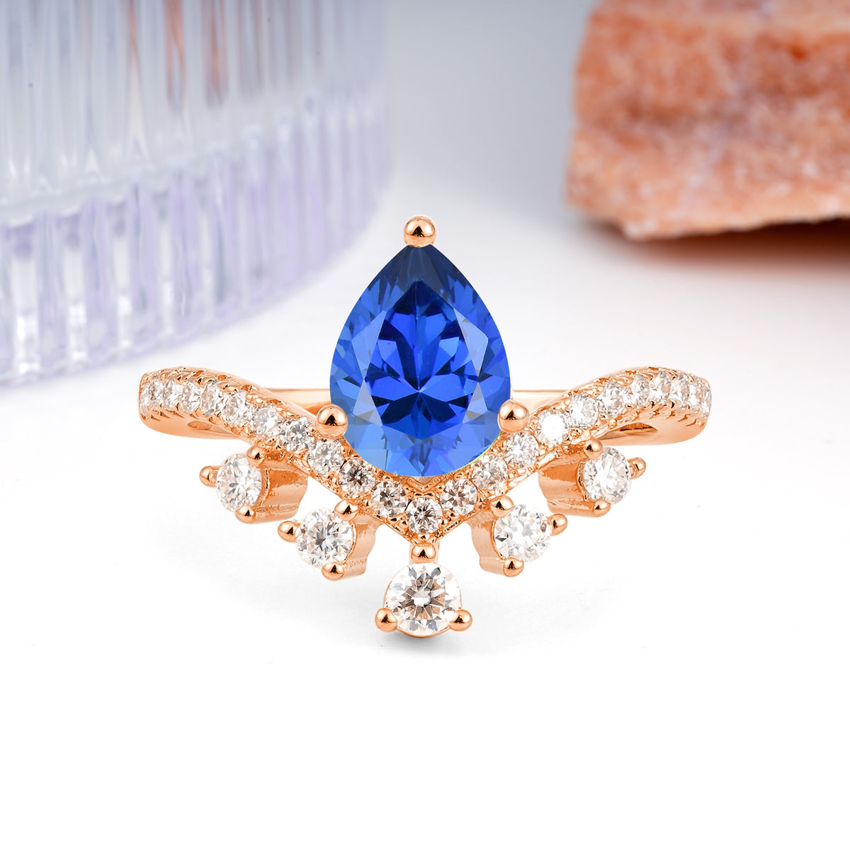 Luxurious and Unique Crown Style 3 Prong Pear Cut Sapphire Engagement Ring - Additional view