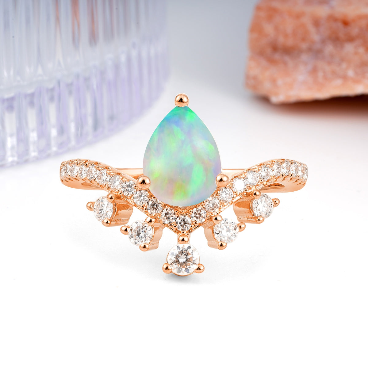 Luxurious and Unique Crown Style 3 Prong Pear Cut Fire Opal Engagement Ring - Additional view