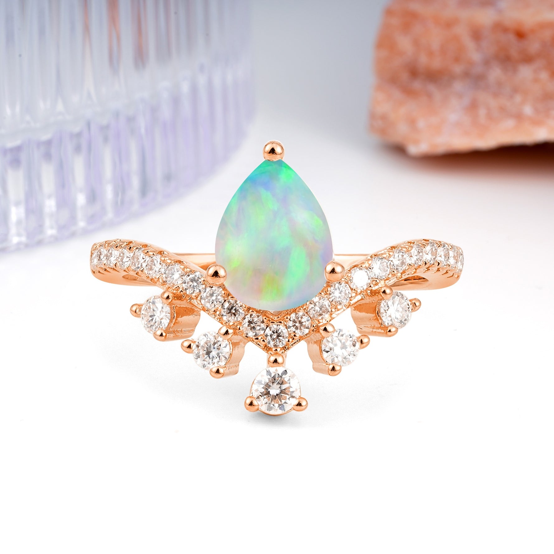 Luxurious and Unique Crown Style 3 Prong Pear Cut Fire Opal Engagement Ring - Additional view