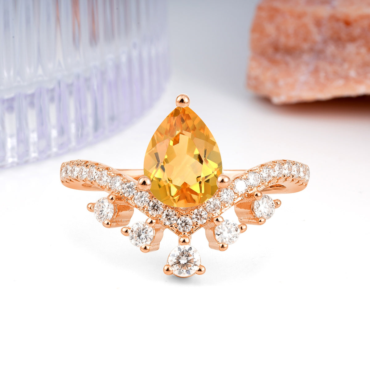 Luxurious and Unique Crown Style 3 Prong Pear Cut Citrine Engagement Ring - Additional view