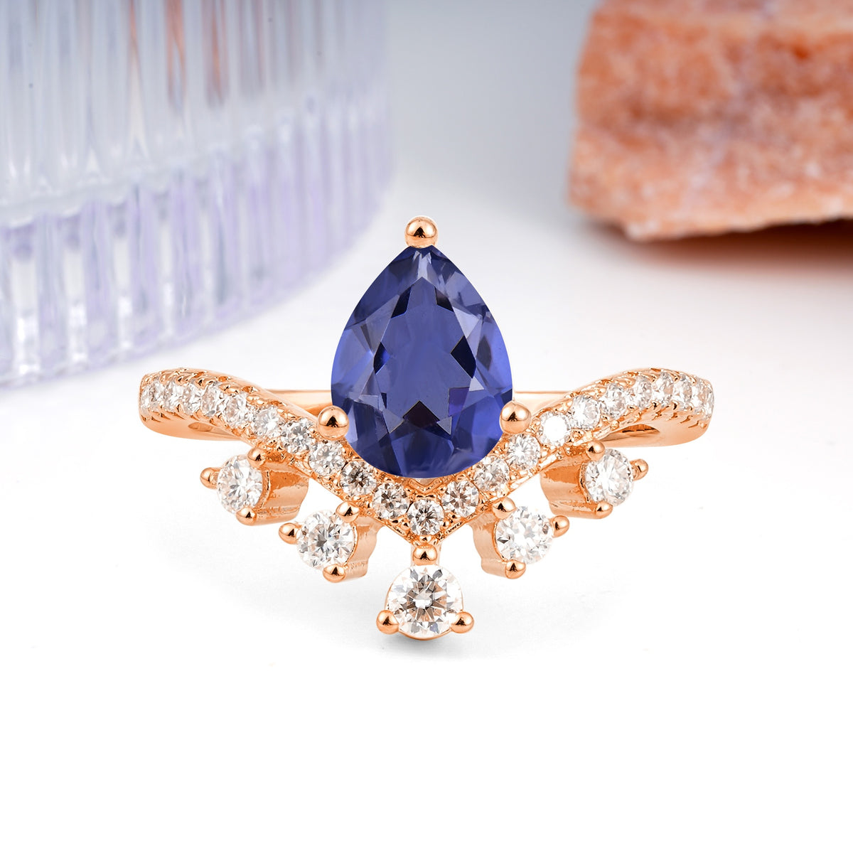 Luxurious and Unique Crown Style 3 Prong Pear Cut Tanzanite Engagement Ring - Additional view