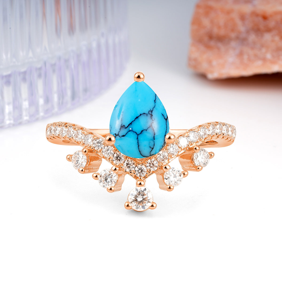 Luxurious and Unique Crown Style 3 Prong Pear Cut Turquoise Engagement Ring - Additional view