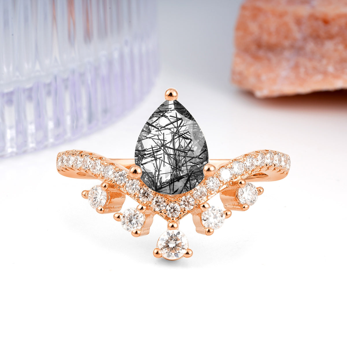 Luxurious and Unique Crown Style 3 Prong Pear Cut Black Rutilated Quartz Engagement Ring - Additional view
