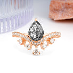 Luxurious and Unique Crown Style 3 Prong Pear Cut Black Rutilated Quartz Engagement Ring - Additional view
