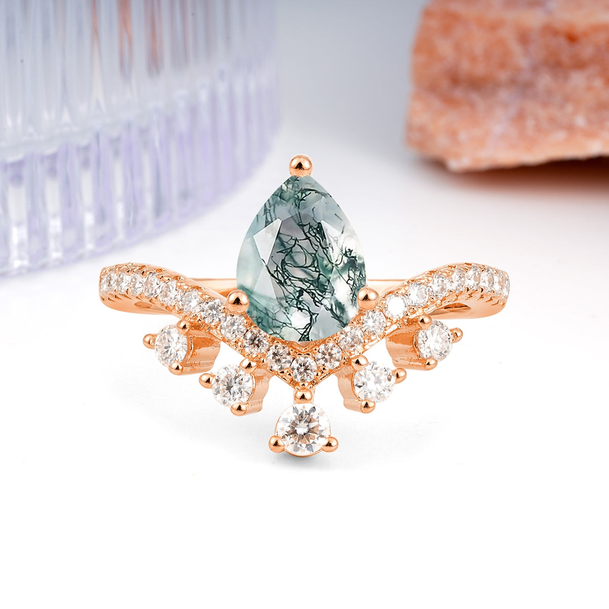 Luxurious and Unique Crown Style 3 Prong Pear Cut Moss Agate Engagement Ring - Additional view