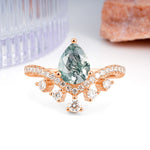 Luxurious and Unique Crown Style 3 Prong Pear Cut Moss Agate Engagement Ring - Additional view