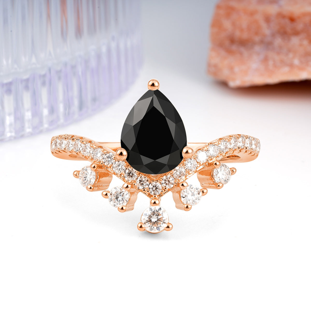 Luxurious and Unique Crown Style 3 Prong Pear Cut Black Onyx Engagement Ring - Additional view