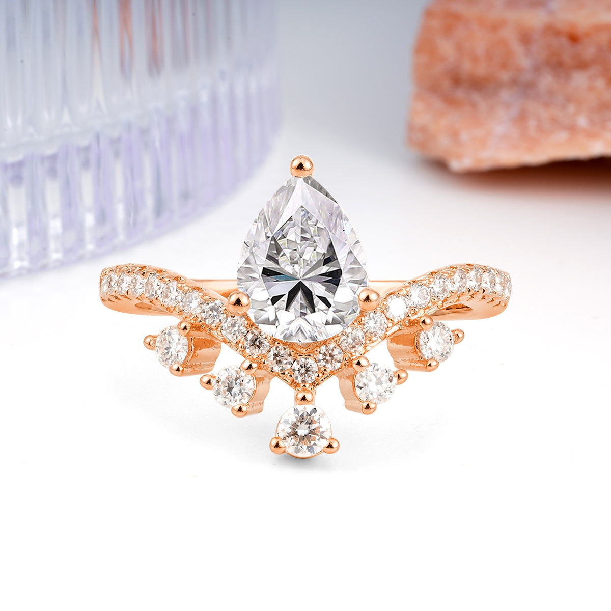 Luxurious and Unique Crown Style 3 Prong Pear Cut Lab Diamond Engagement Ring - Additional view